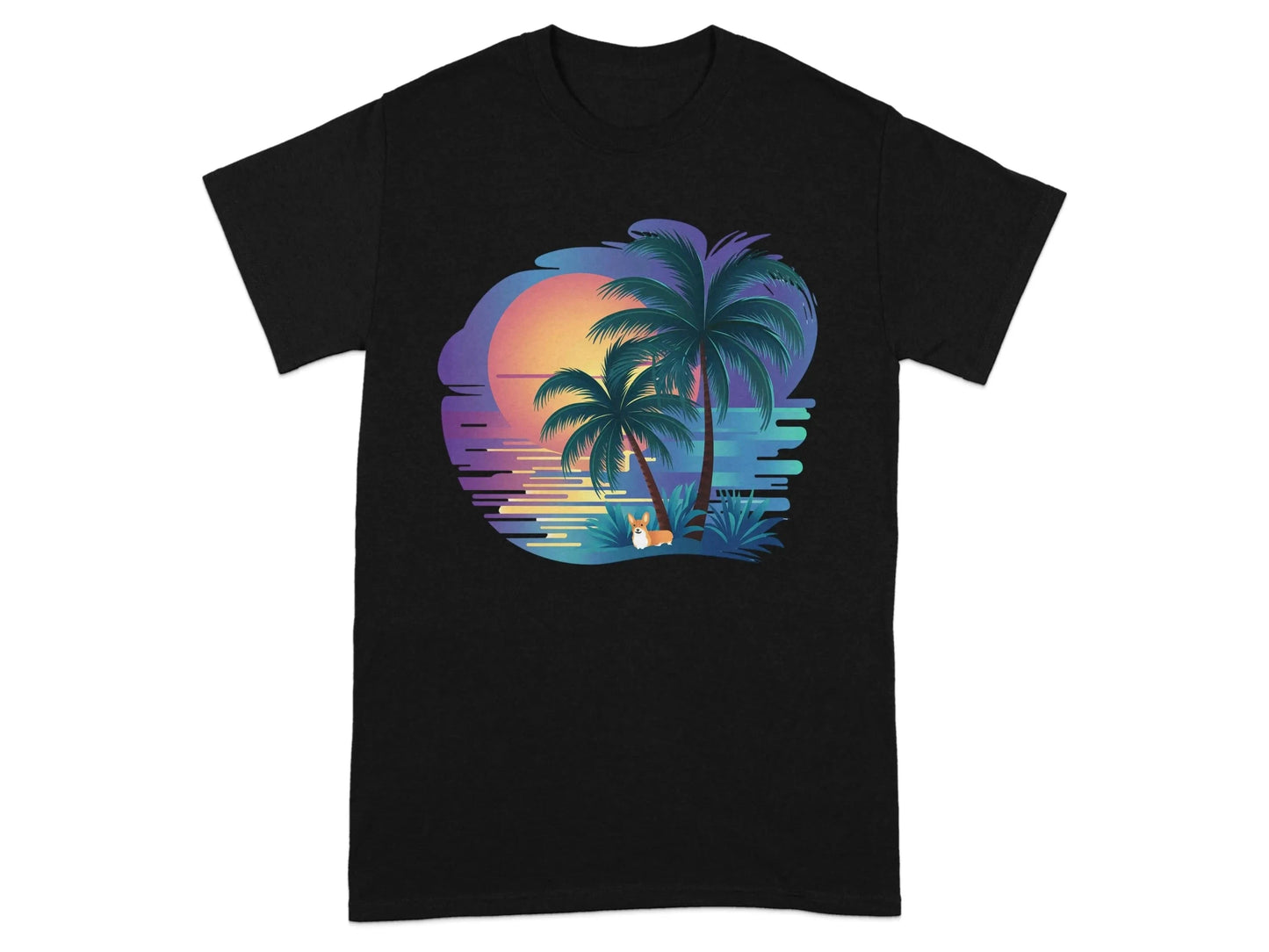 Sunset Scene with Palm Trees and Cute Dog T-Shirts Black T-shirt