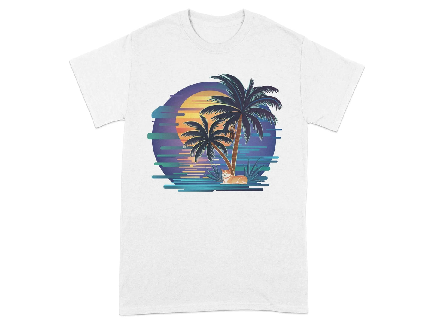 Tropical Sunset with Palm Trees and Sunset Design T-Shirts White T-shirt