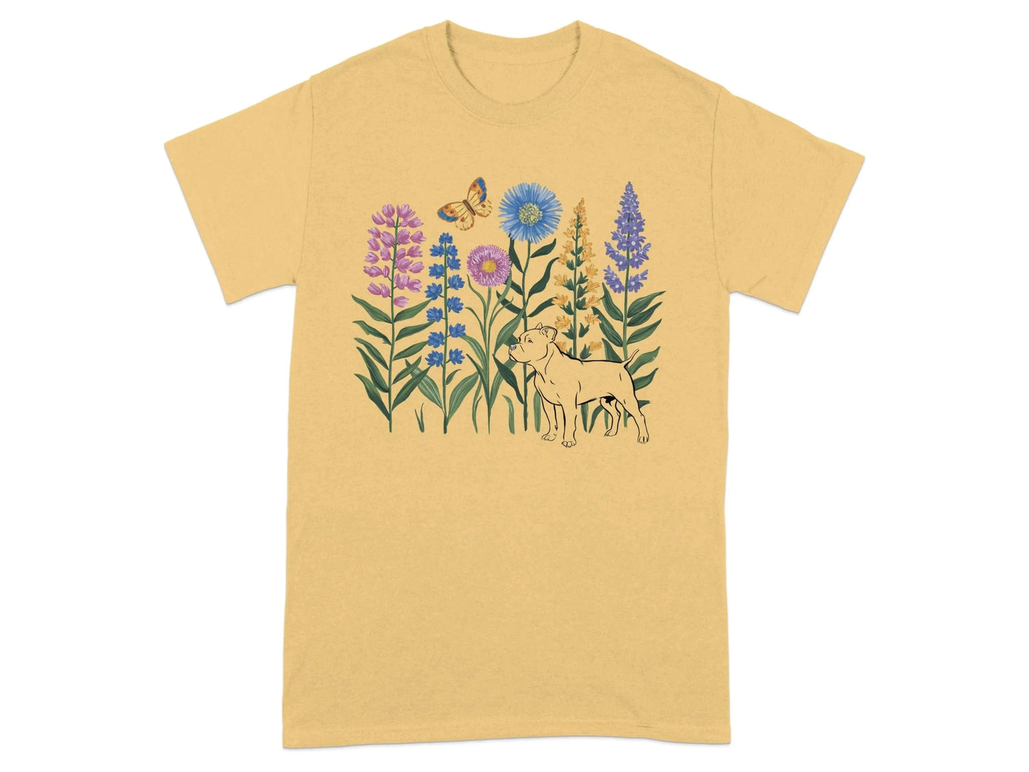 Unique Floral Dog and Butterfly Printed T-Shirts Yellow Haze T-shirt
