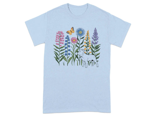 Unique Floral Dog and Butterfly Printed T-Shirts Light Blue T-shirt