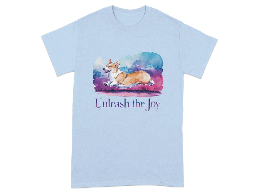 Unleash the Joy Playful Corgi Illustration T-Shirts Light Blue T-shirt