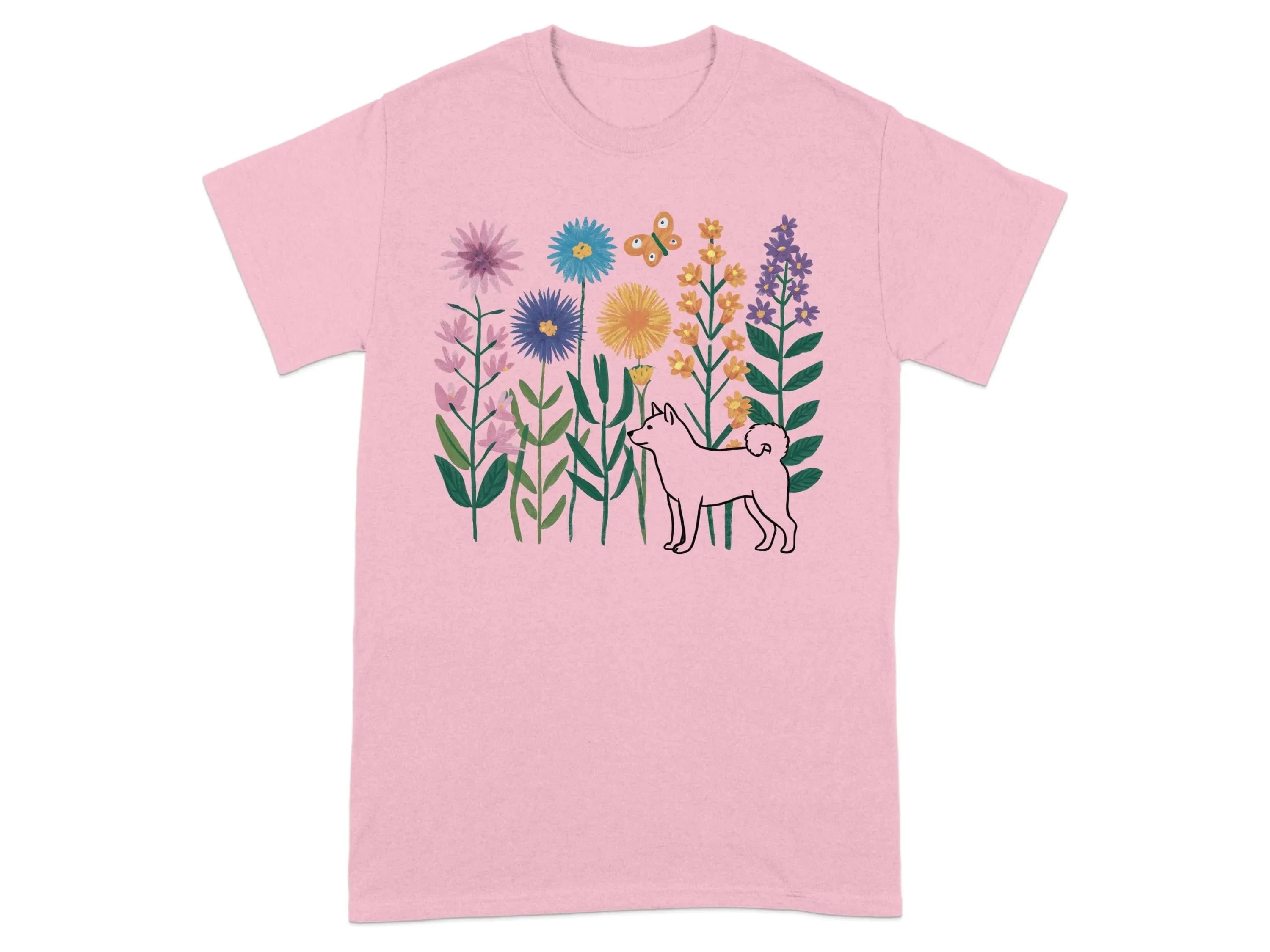 Vibrant Floral and Shiba Inu T-Shirts Light Pink T-shirt
