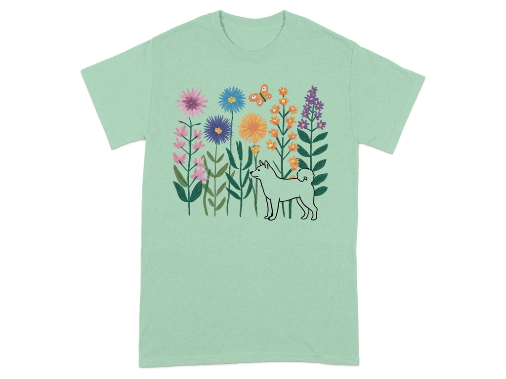 Vibrant Floral and Shiba Inu T-Shirts Mint Green T-shirt