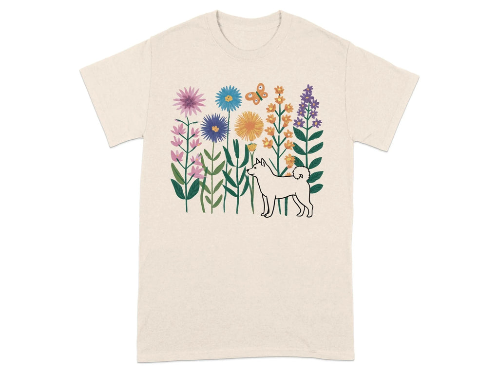 Vibrant Floral and Shiba Inu T-Shirts Natural T-shirt