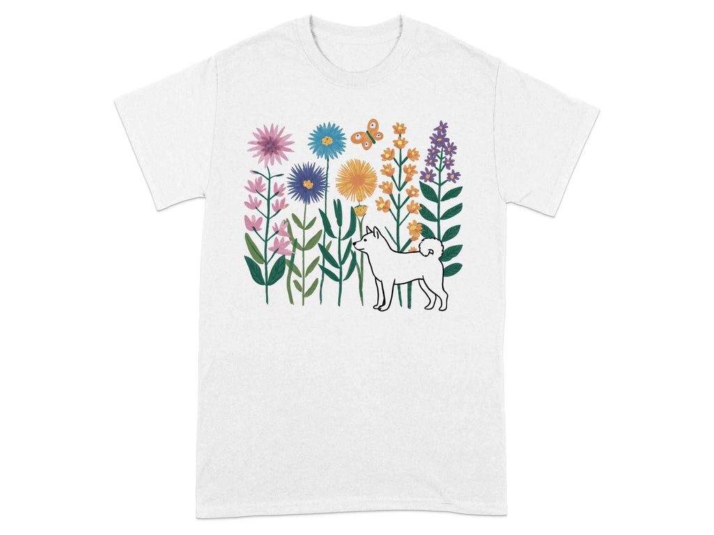 Vibrant Floral and Shiba Inu T-Shirts White T-shirt