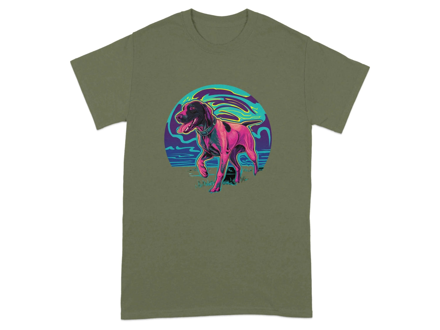 Vibrant Neon German Shorthaired Pointer T-Shirts Military Green T-shirt