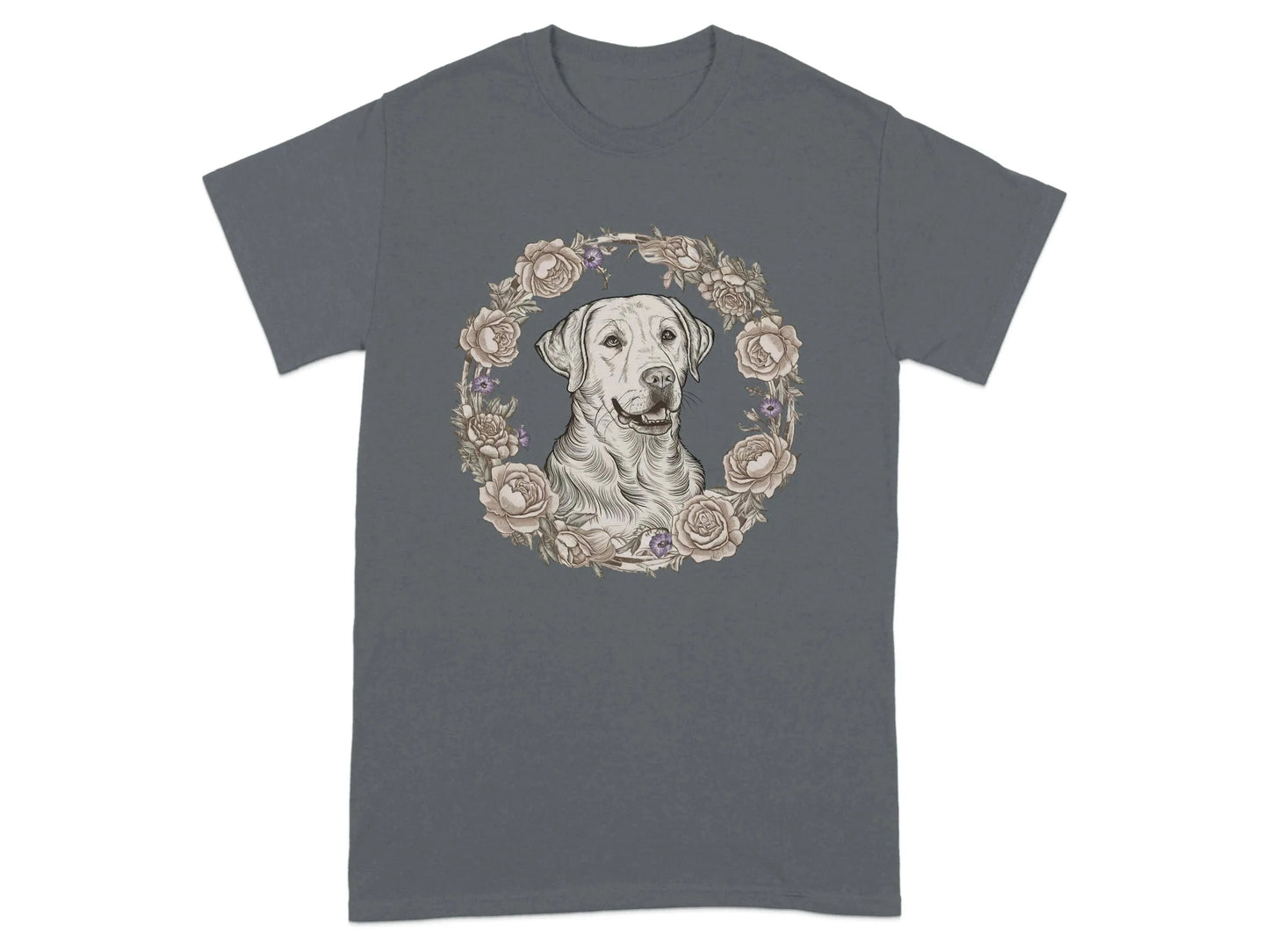 Yellow Lab with Floral Wreath T-Shirts Charcoal T-shirt