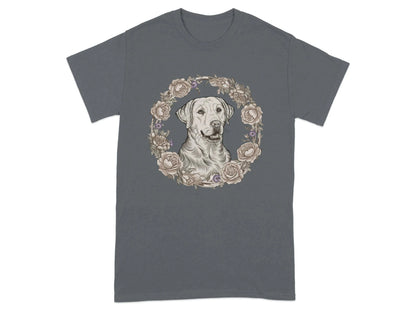 Yellow Lab with Floral Wreath T-Shirts Charcoal T-shirt