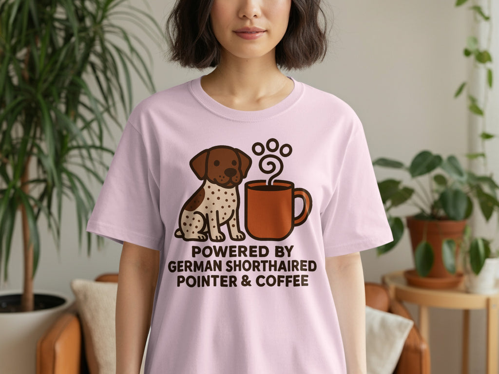 Pink t-shirt with a German Shorthaired Pointer and coffee cup graphic and text.