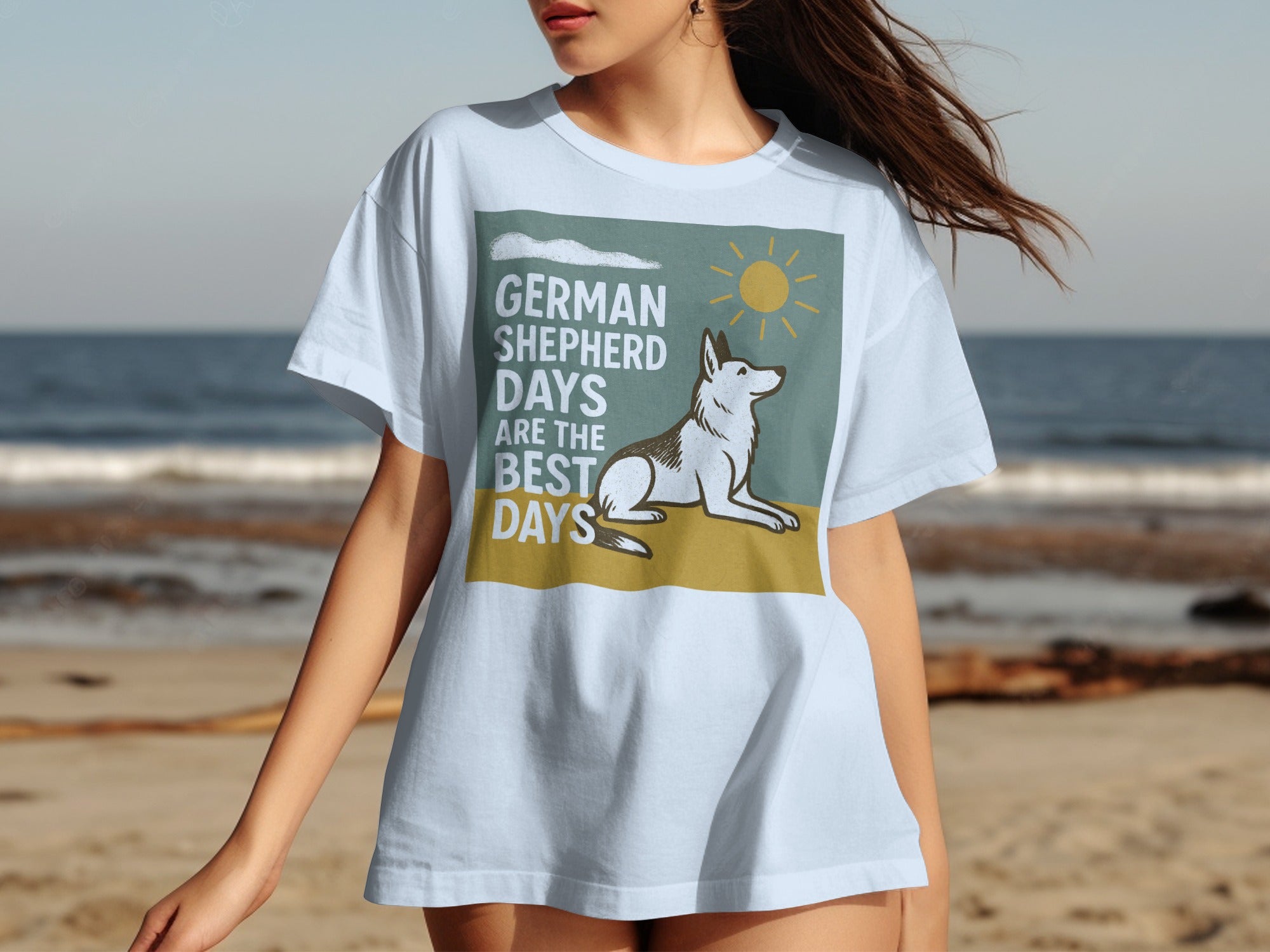 Light blue t-shirt with graphic: German Shepherd Days are the best days, featuring a dog and sun.