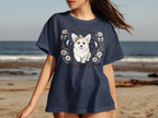 Navy t-shirt with a corgi illustration and text "Sorry I'm late I was crashing out".