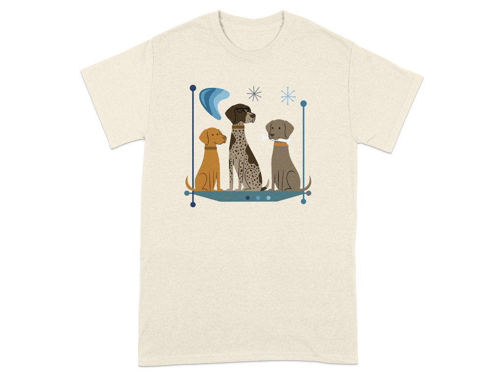 Three stylized dogs in mid-century modern illustration on a cream t-shirt.