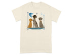 Three stylized dogs in mid-century modern illustration on a cream t-shirt.