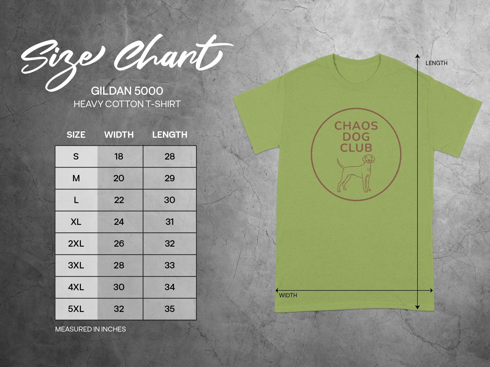 Gildan 5000 Heavy Cotton T-Shirt size chart with Chaos Dog Club logo.