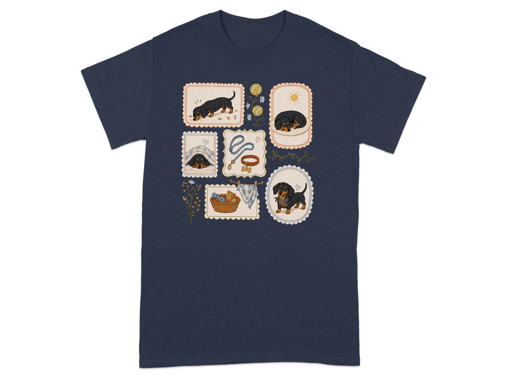 Navy t-shirt with framed illustrations of dachshunds in various poses.