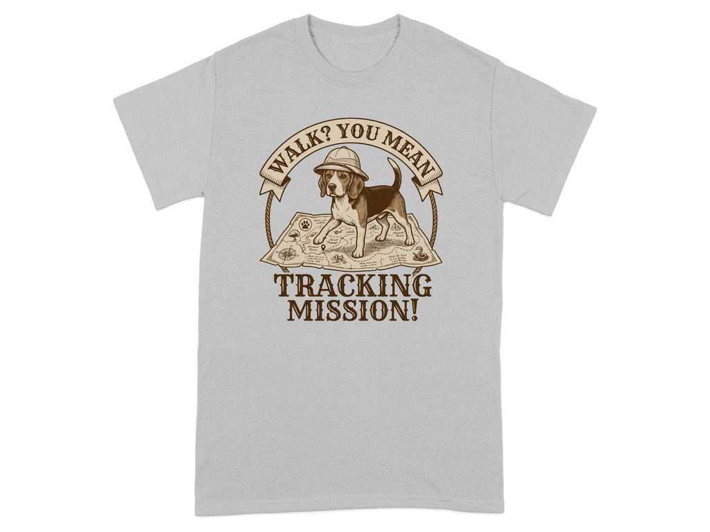 Beagle wearing a hat stands on a map with "Tracking Mission!" text.