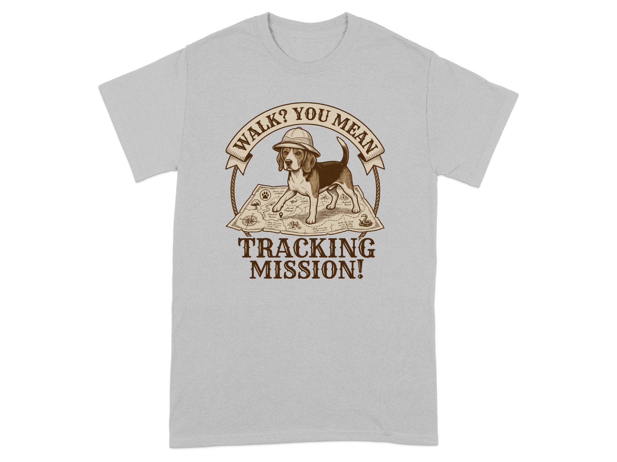 Beagle wearing a hat stands on a map with "Tracking Mission!" text.