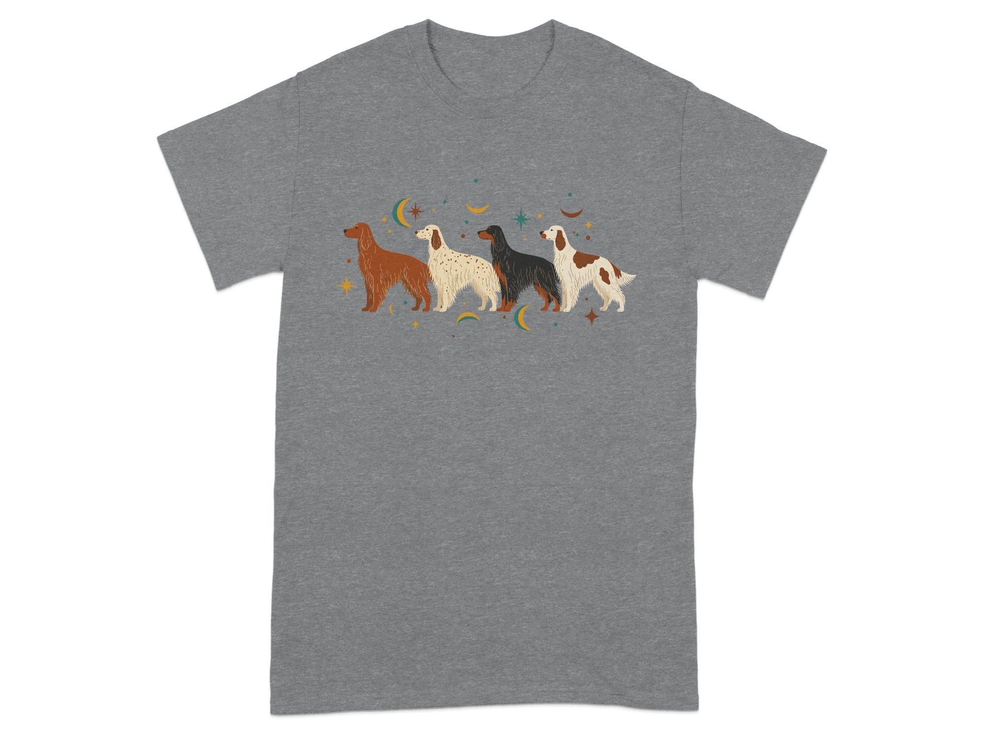 Four dogs in a row on a grey t-shirt with celestial accents.