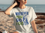 White t-shirt with "Wherever You Go, I Go" and wolf graphic.