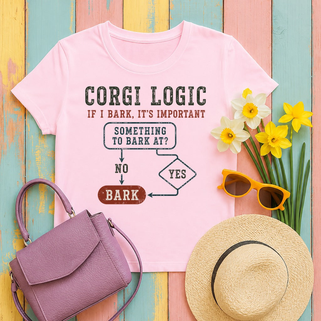 Corgi Logic Flowchart T-Shirt in Light Pink