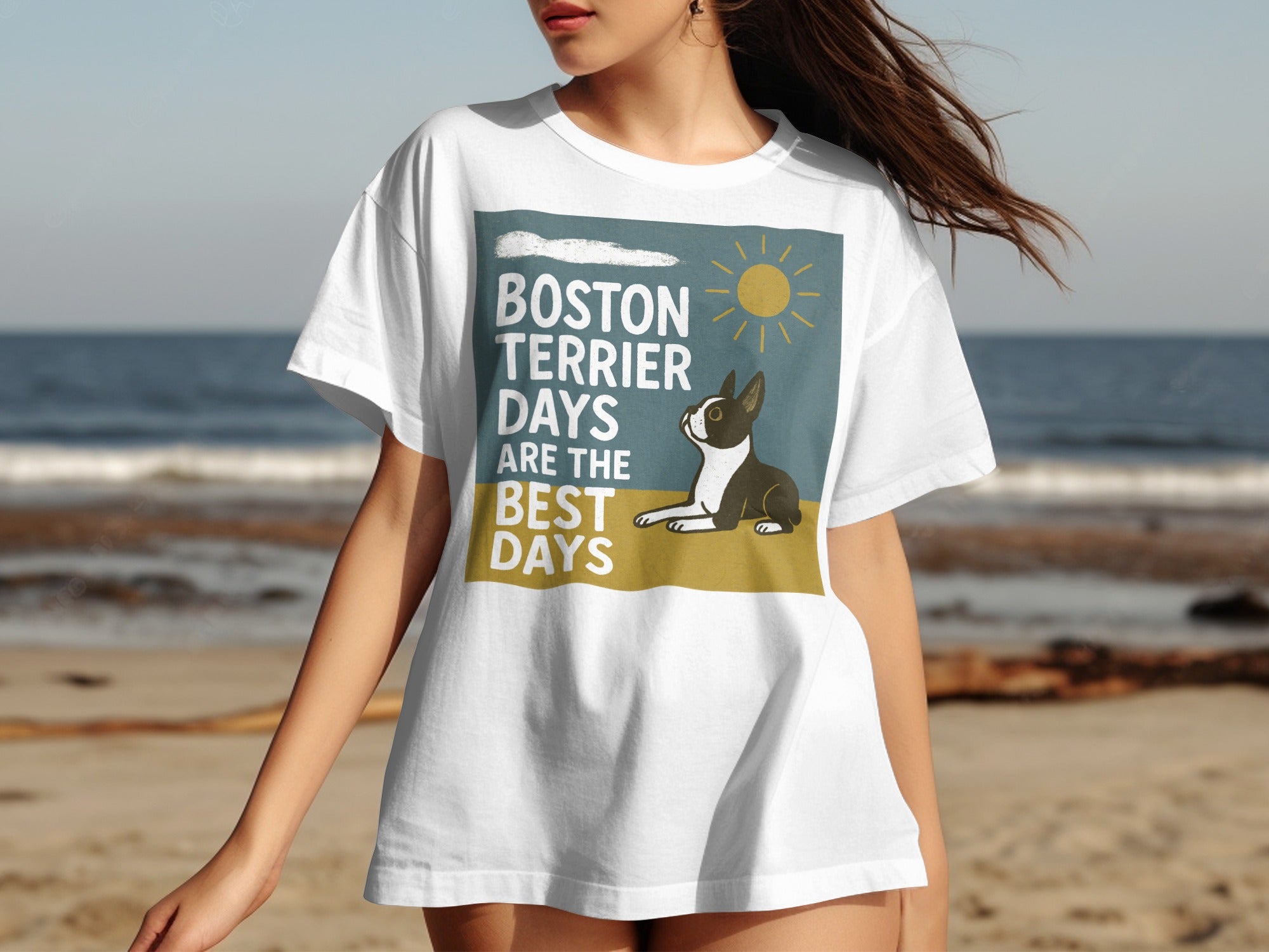 White t-shirt with Boston Terrier graphic and text "BOSTON TERRIER DAYS ARE THE BEST DAYS".