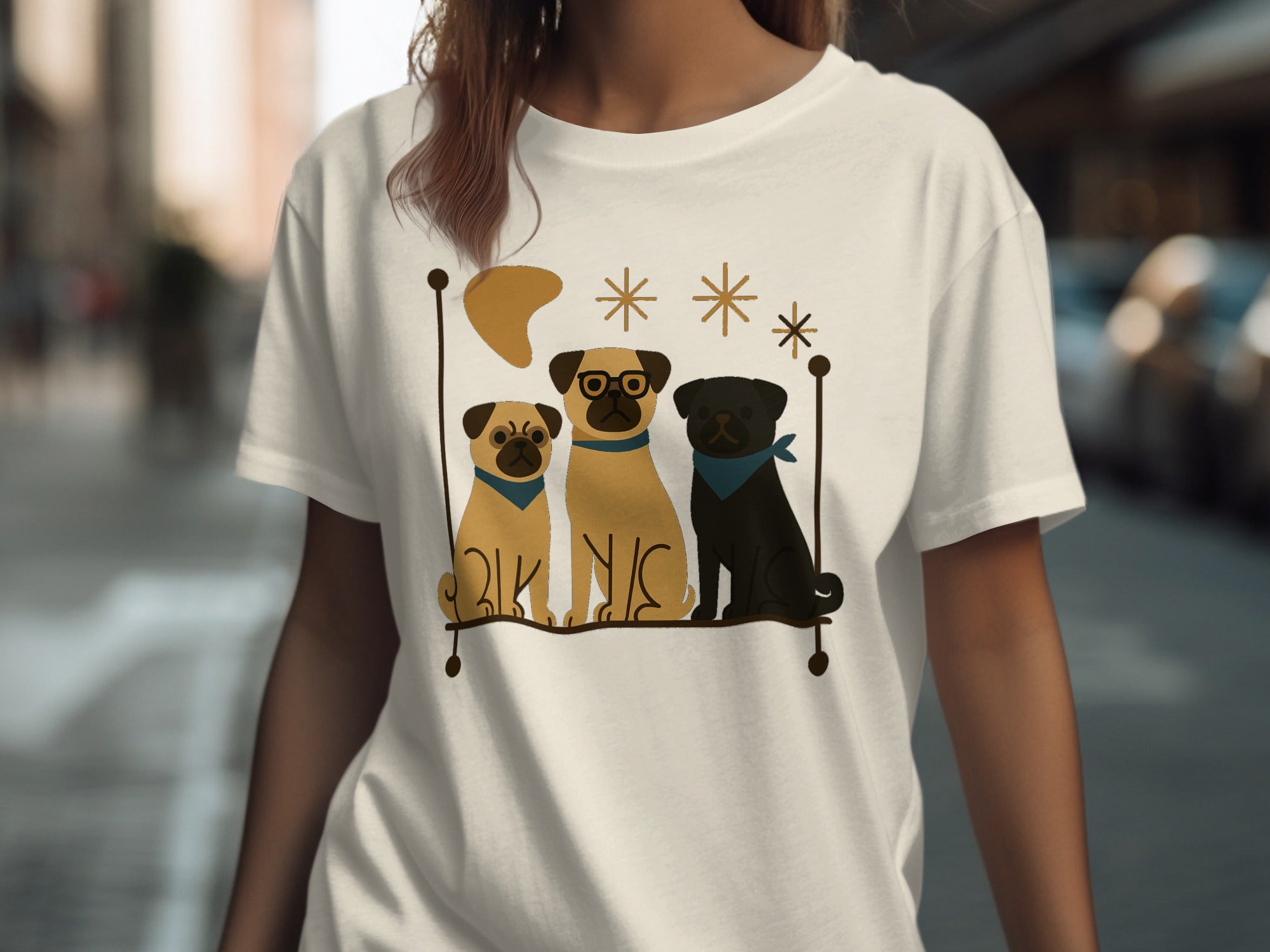 Three pugs sit posed on a perch with geometric accents and bandana scarves.