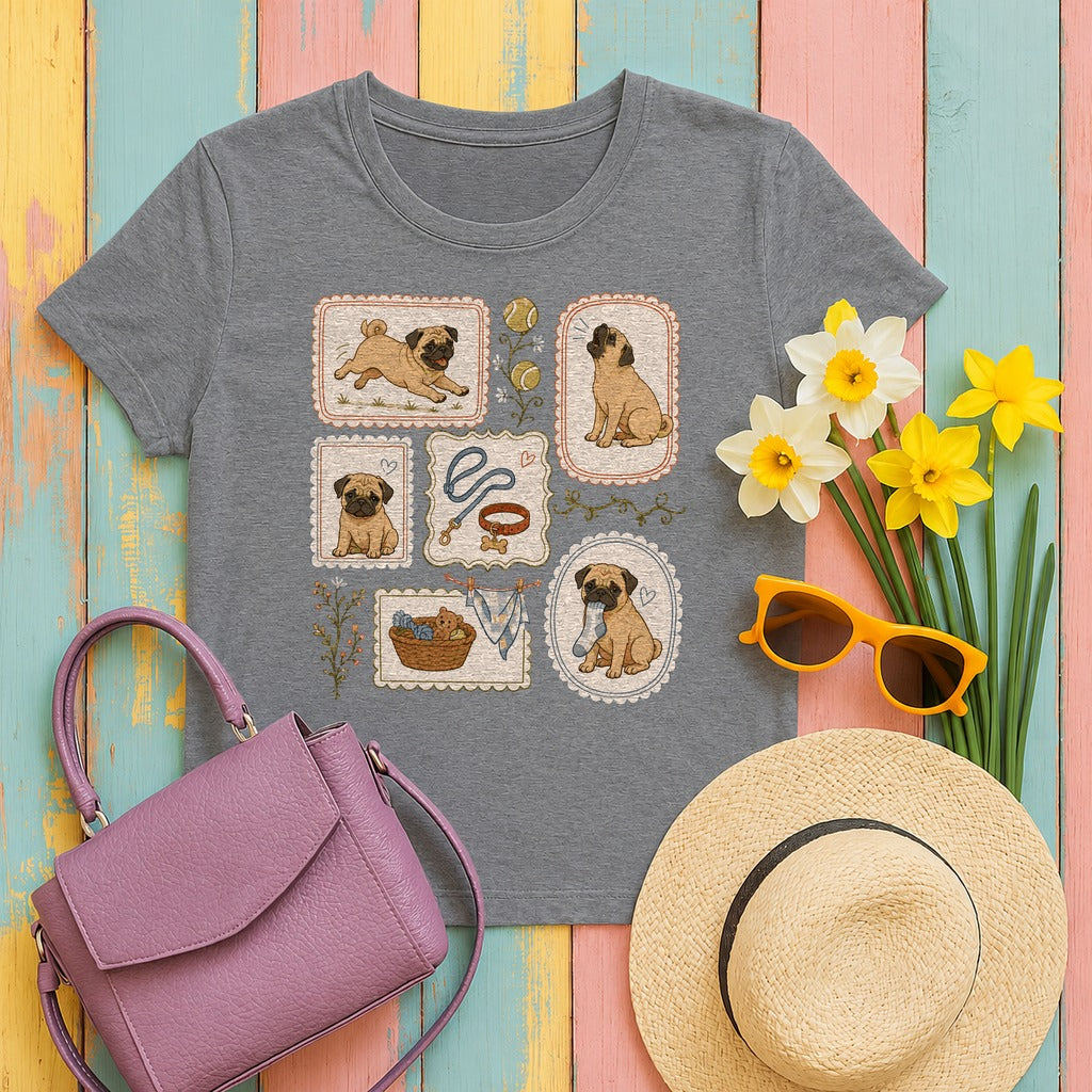 Cute Pug Dog Collage T-Shirt in Graphite Heather
