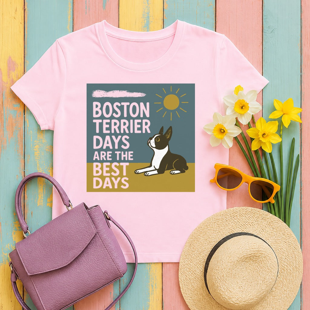 Whimsical Boston Terrier Days T-Shirt in Light Pink