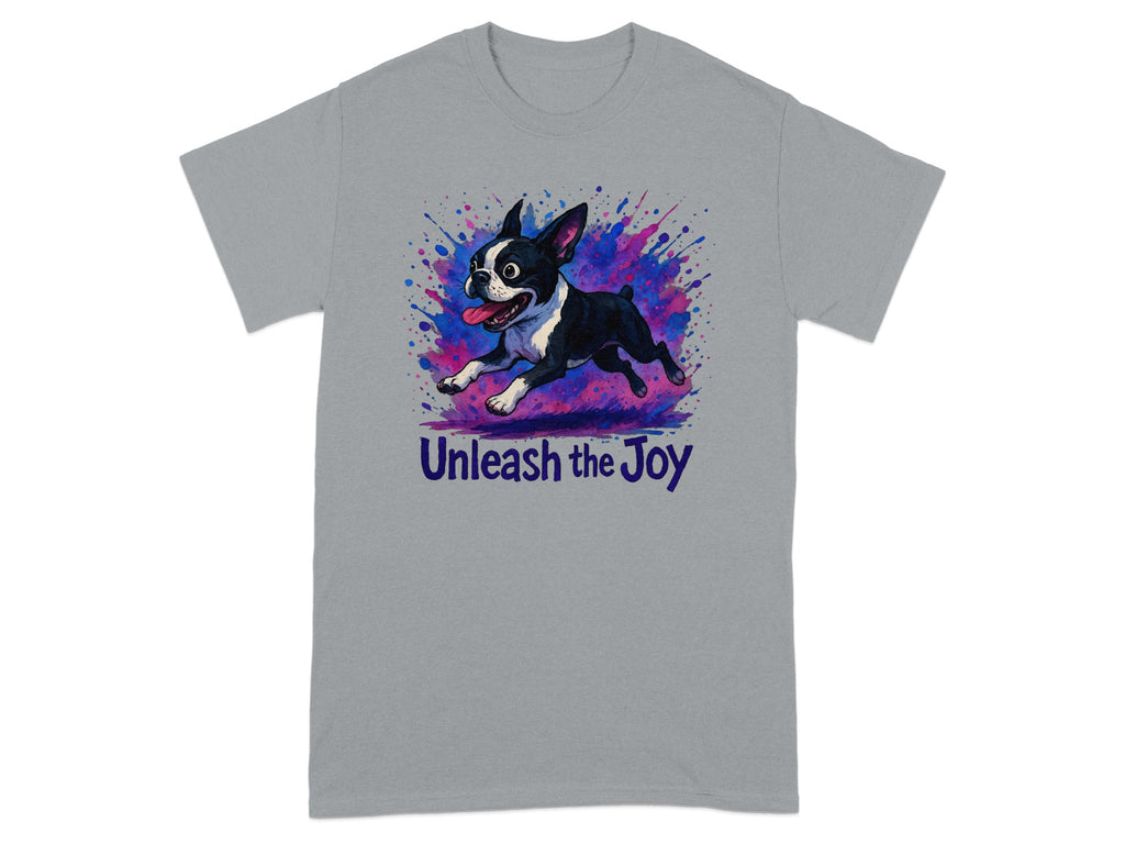 Boston Terrier running with text "Unleash the Joy" below.