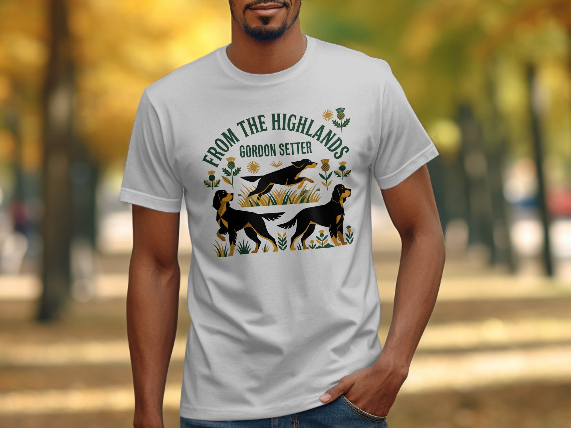 White t-shirt with Gordon Setters and text "FROM THE HIGHLANDS GORDON SETTER".