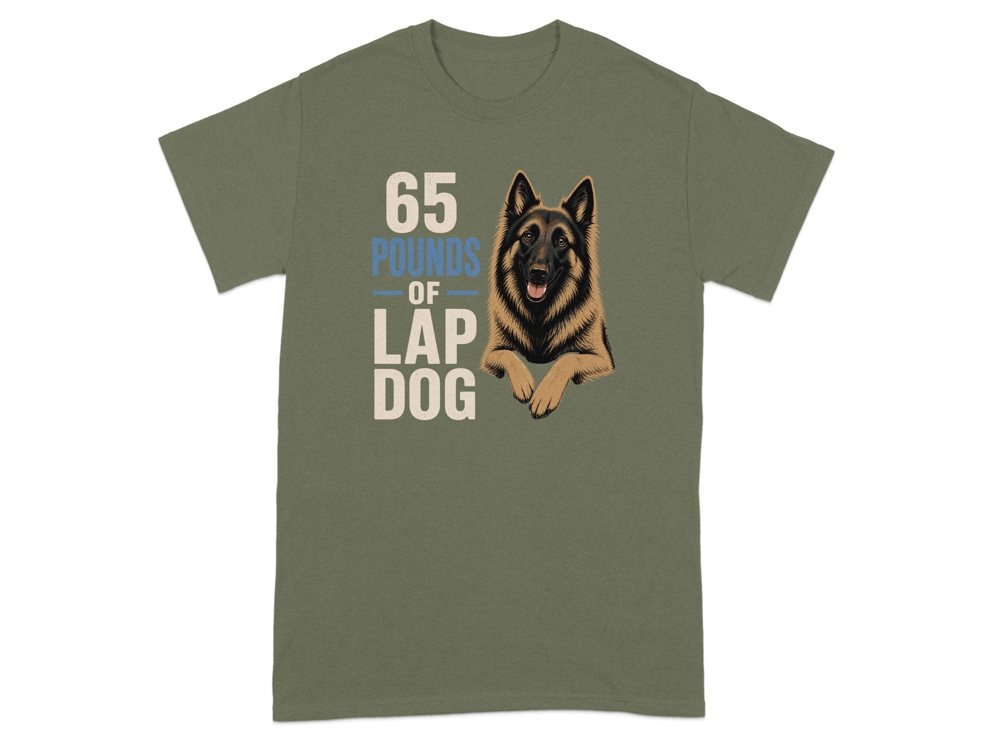 Green t-shirt with text "65 POUNDS OF LAP DOG" and a German Shepherd dog illustration.