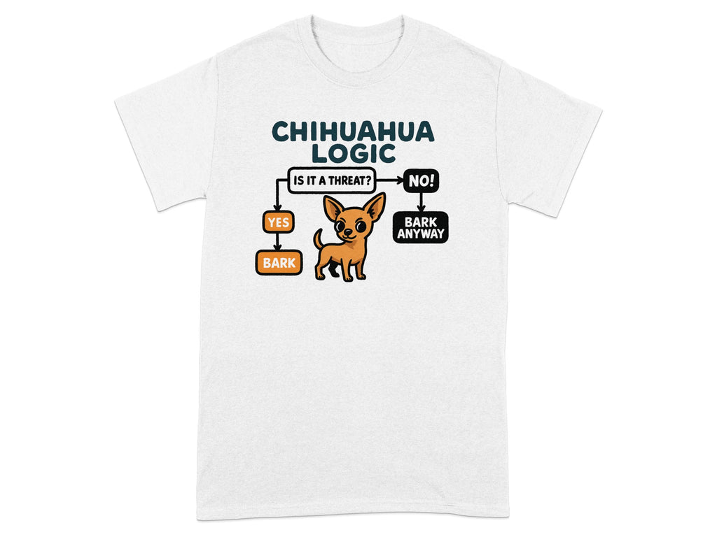 White t-shirt with "Chihuahua Logic" flowchart depicting barking.