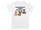 White t-shirt with "Chihuahua Logic" flowchart depicting barking.