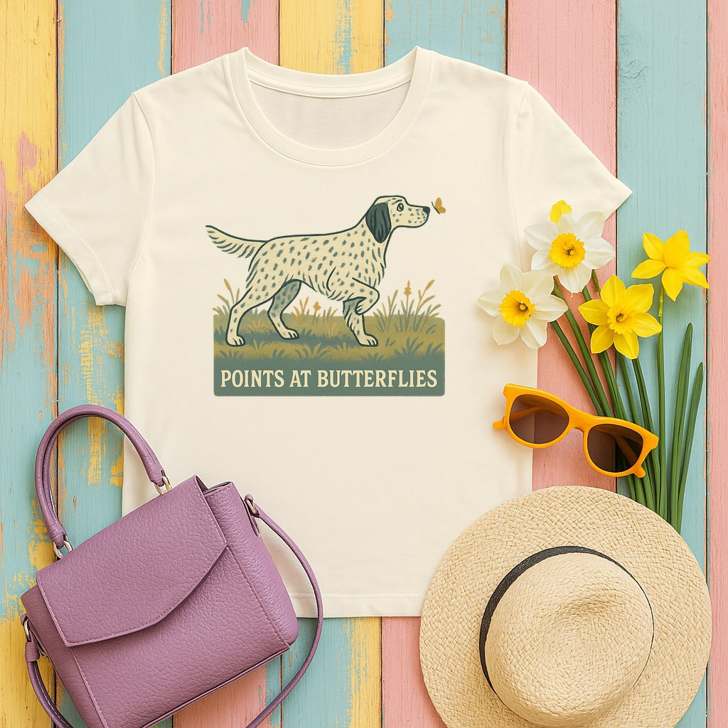 English Setter Points at Butterflies Tee in Natural