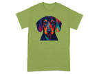 Colorful Geometric Dog Design on Green T-Shirt