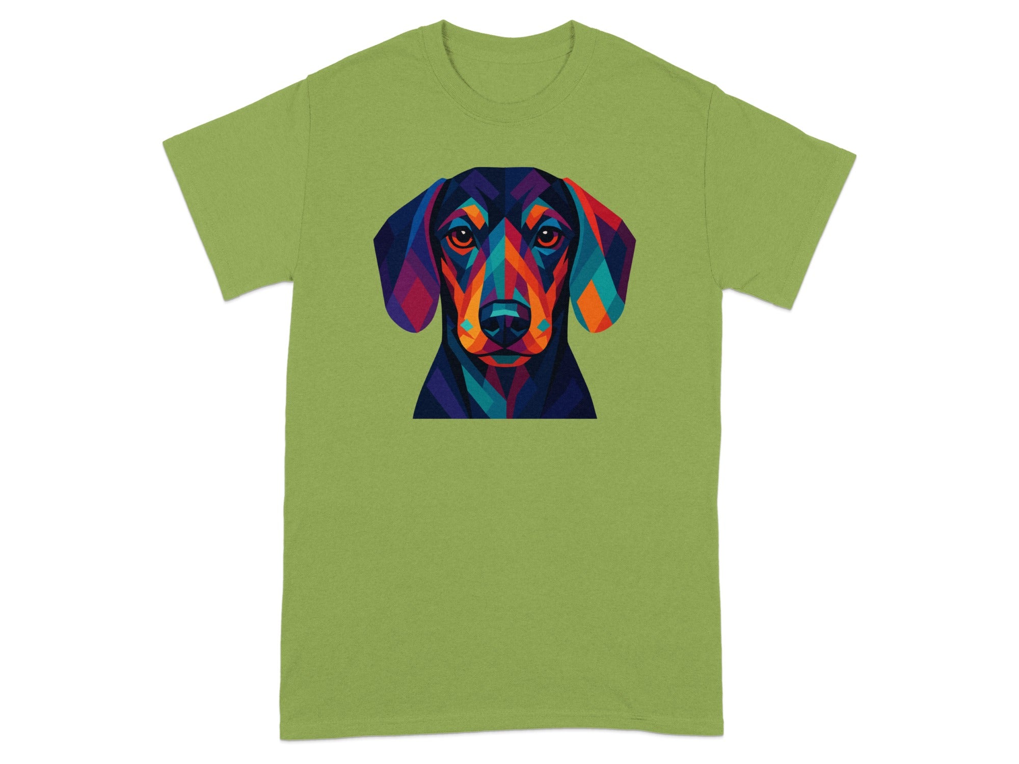 Colorful Geometric Dog Design on Green T-Shirt