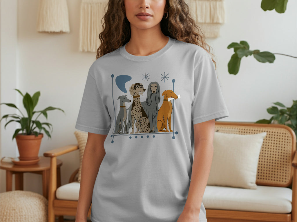 Grey t-shirt featuring a line of four illustrated dogs in a geometric pattern.