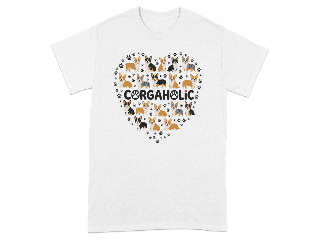 T-shirt with "CORGAHOLIC" text surrounded by a heart of corgi dogs.
