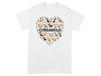 T-shirt with "CORGAHOLIC" text surrounded by a heart of corgi dogs.