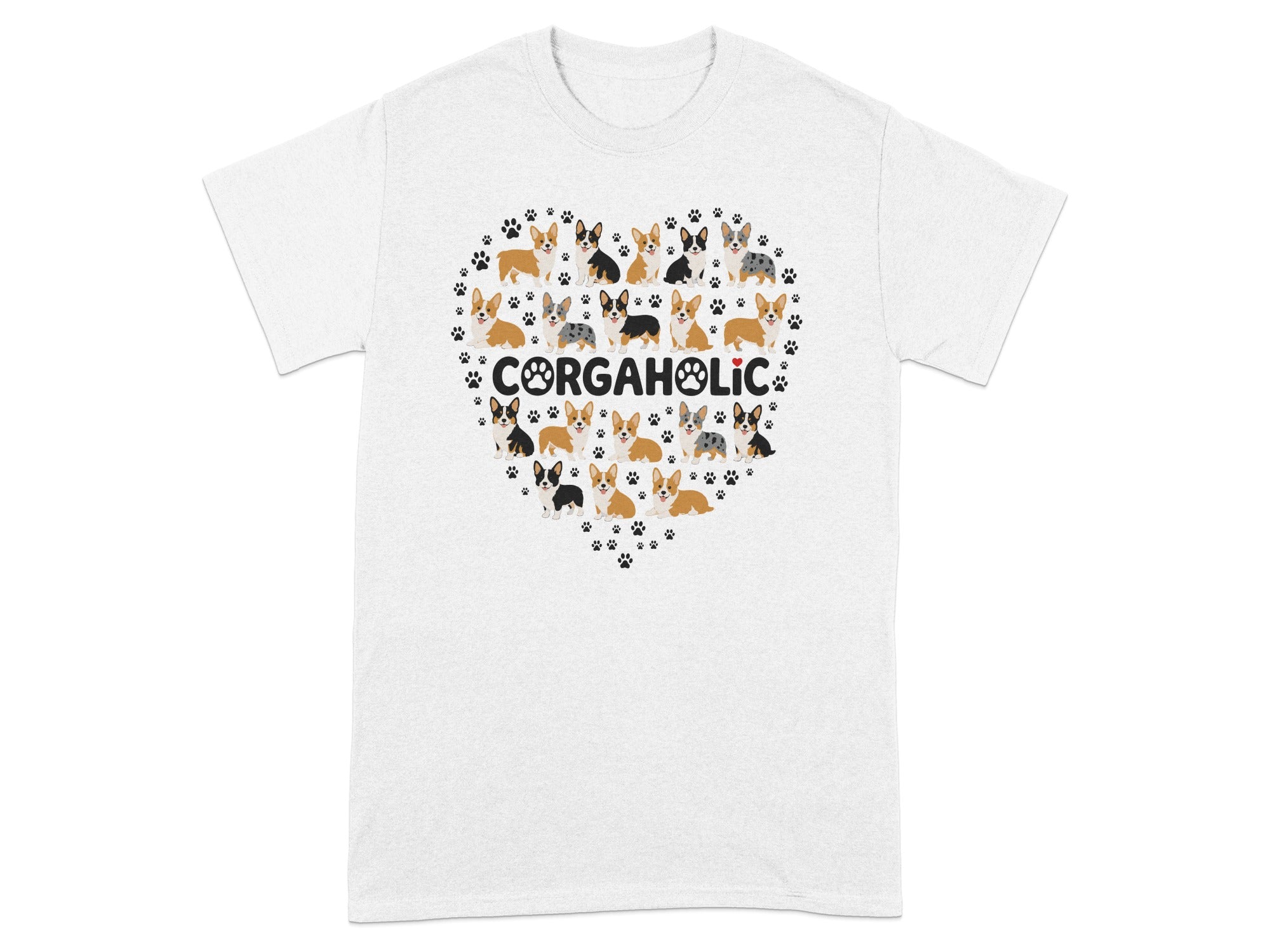 T-shirt with "CORGAHOLIC" text surrounded by a heart of corgi dogs.