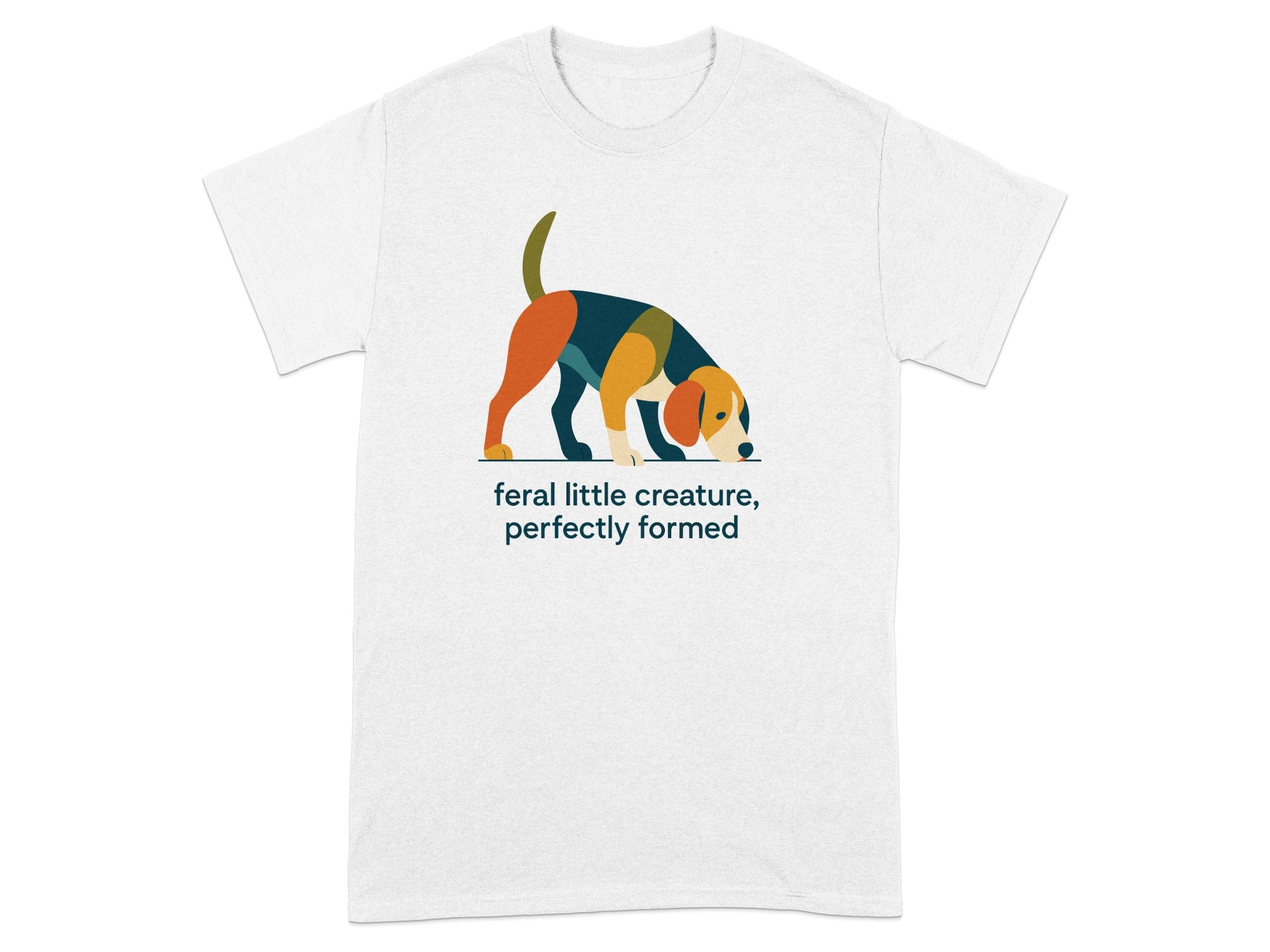 White t-shirt with graphic of colorful dog sniffing ground and text "feral little creature, perfectly formed".