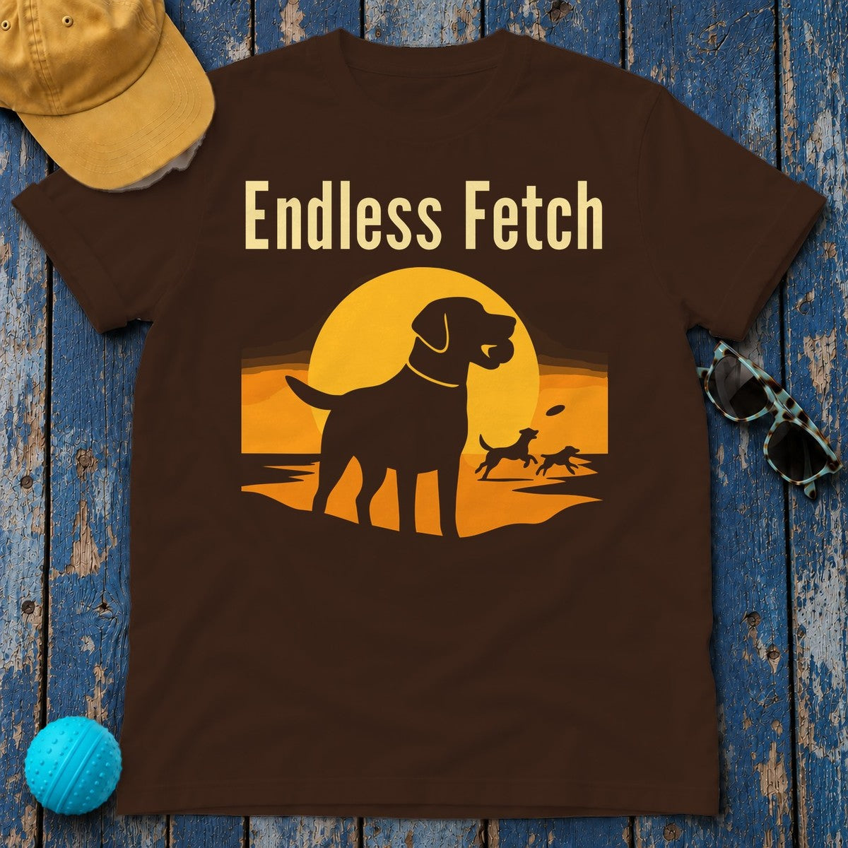 Endless Fetch with Labs Sunset Scene Graphic Design T-Shirt in Dark Chocolate