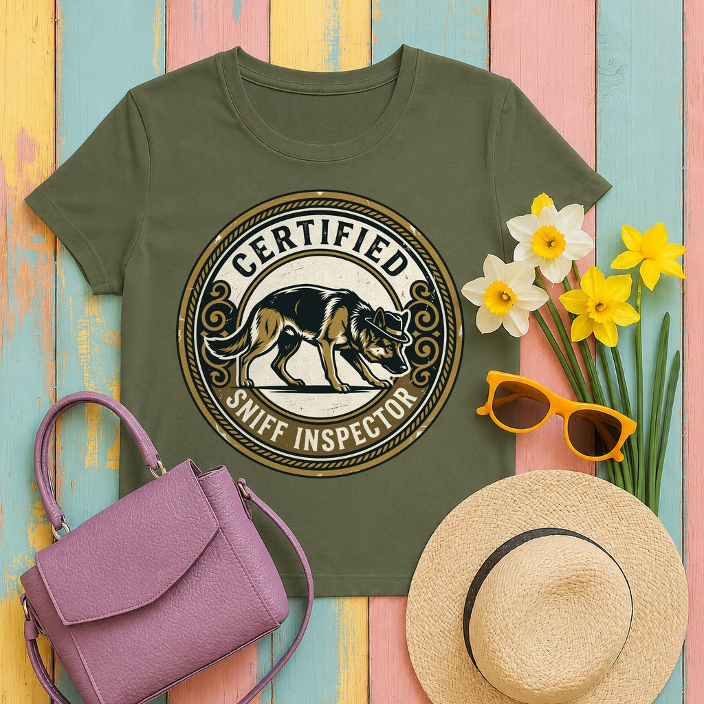 Certified Sniff Inspector German Shepherd T-Shirt in Military Green
