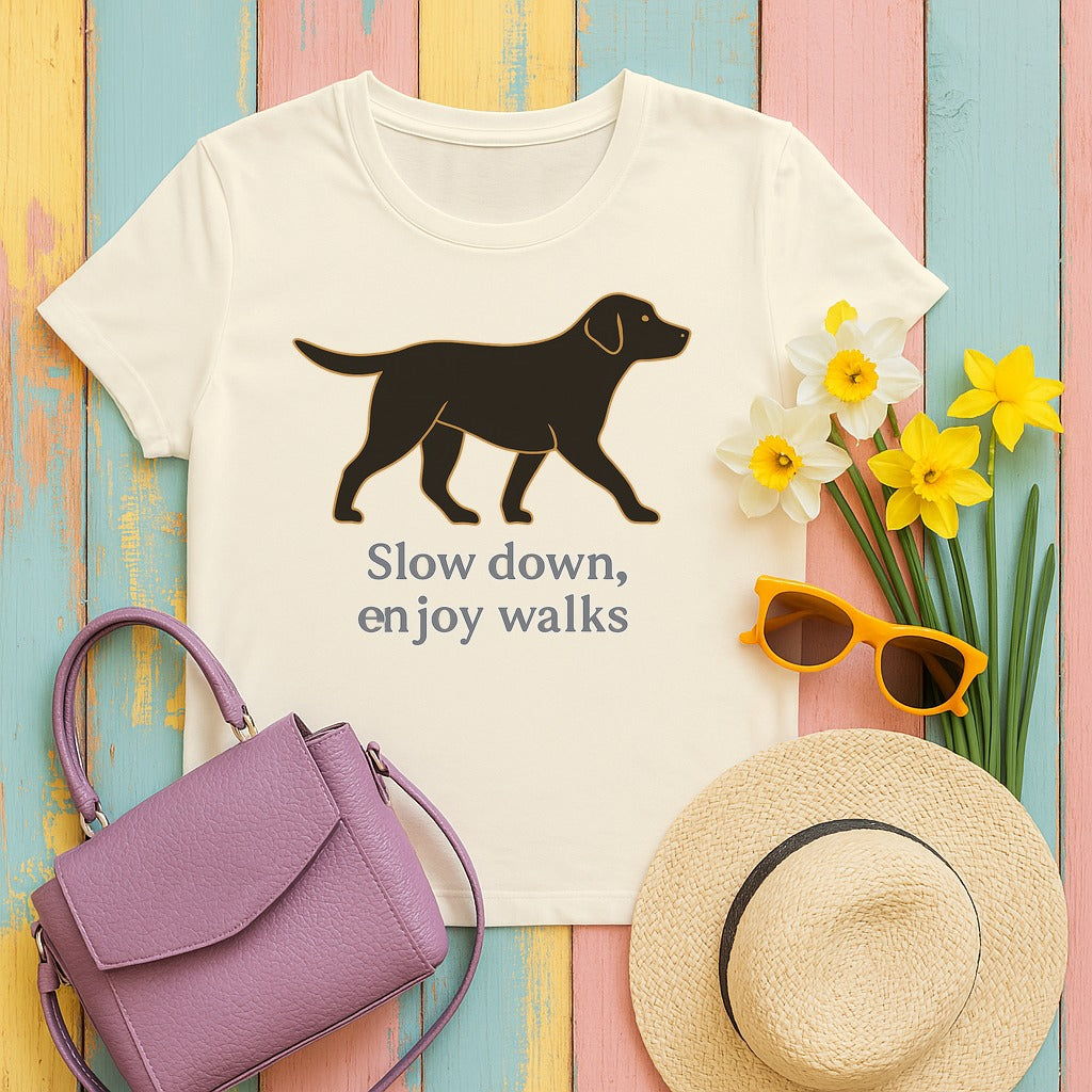Black Lab Slow Down Enjoy Walks T-shirt in Natural