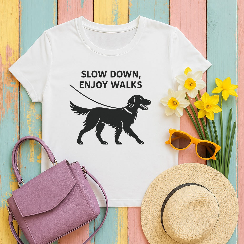 flat-coated retriever slow-down-enjoy-walks tee flat lay hero