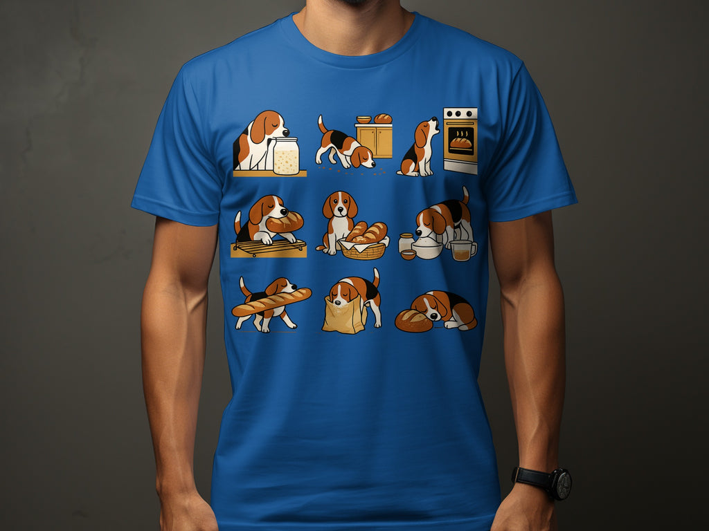 T-shirt with a graphic of beagles interacting with bread and baked goods.