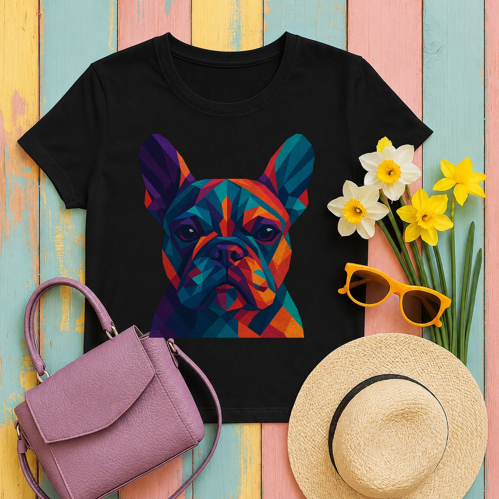 Geometric Colorful Frenchie Face T-Shirt in Black