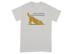 Light gray t-shirt with illustration of a golden retriever and text "Stay curious, Sniff everything!".
