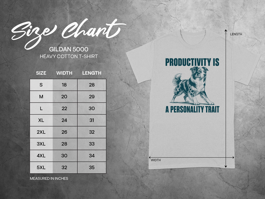 Gildan 5000 heavy cotton t-shirt size chart with dimensions.