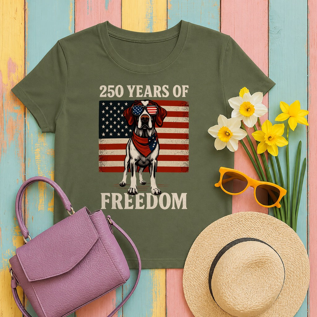 250 Years Of Freedom Patriotic German Shorthaired Pointer With American Flag T-Shirt in Military Green